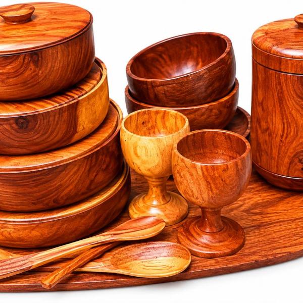 Full set of wooden plates, cups, jug and spoons