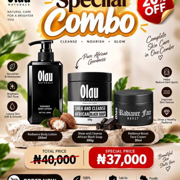 Combo: Radiance body lotion 250ml, shear and cleanse African black 500g and radiance boost face cream 30ml