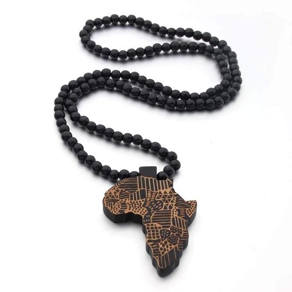 COLORFUL BLING Multicolor 8MM Wooden Bead Chain African Hip-hop Africa Map Pendant Necklace for Men Boys Natural Wood Jewelry
